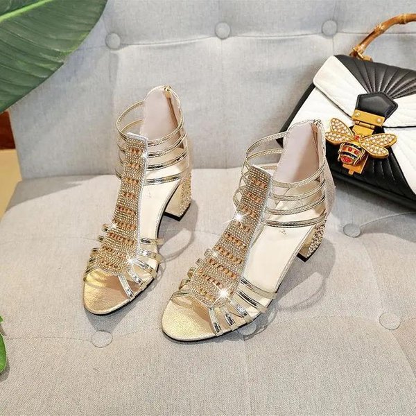 Srebrne ZłOte SandałY Peep Toe Chunky Obcasy Nowe Damskie Buty ŚLubne Botki SandałY Open Toe Wysokie Obcasy Sukienka ZłOty Bling Pompy 39 Gray-image