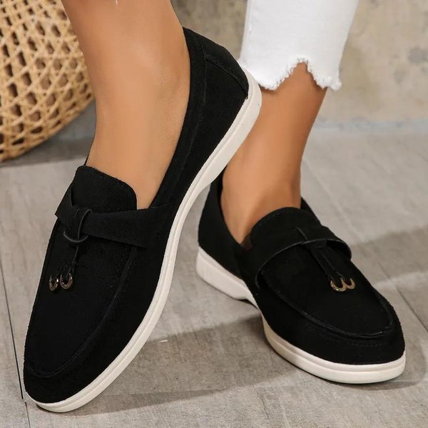 Nuevos Mocasines Para Mujer Slip On Zapatos Planos Casuales De Primavera OtoñO Zapatos Individuales De Cuero Cachemira Talla Grande 43 38 Negro-image