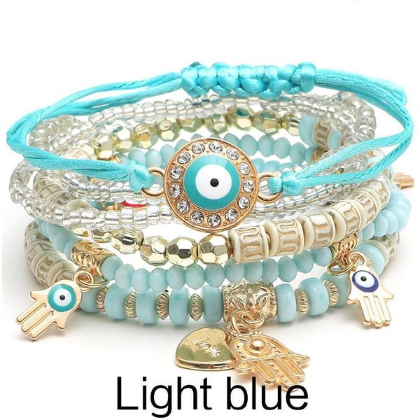 6 Unids/Set Pulsera Estilo Bohemio Contra El Mal De Ojo Pulseras EláSticas Con Cuentas Con DiseñO De MúLtiples Capas Hechas A Mano Con Cuentas De Cristal De La Suerte Perfectas Azul-image