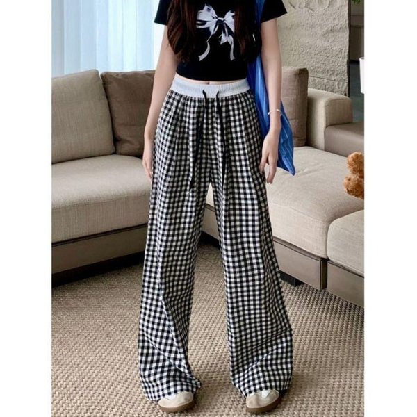 Pantalones Casuales De Cuadros Para Mujer Verano Nuevo Sueltos Rectos CaíDa Ancha Pierna Ancha XL Gray-image