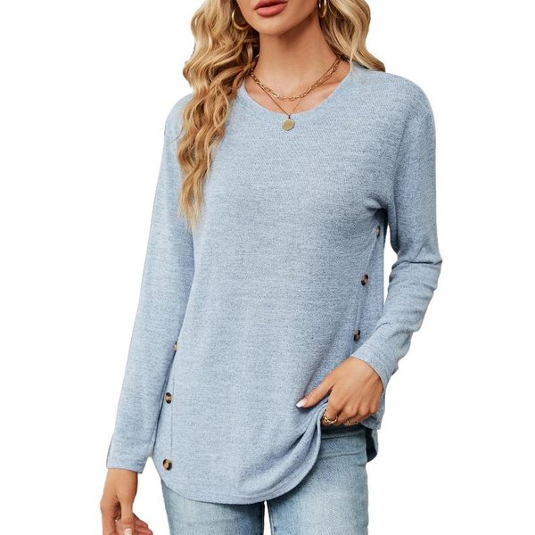 Yyfs Blusas Y Camisas Casuales De Moda Para Mujer Primavera OtoñO Color SóLido Estampado Manga Larga Cuello Redondo XXL Azul Claro-image