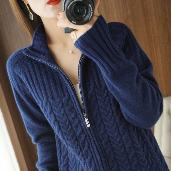 CáRdigan Chaqueta Con Cremallera Para Mujer Nuevo Temperamento CáLido Manga Larga SuéTer Holgado OtoñO E Invierno XL Azul Oscuro-image