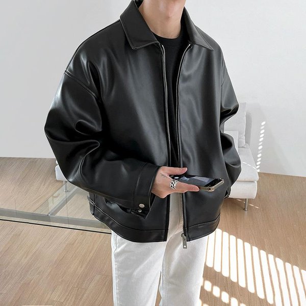 Chaqueta De Cuero Para Hombre Nueva Tendencia De Primavera Estilo Coreano Cuero PU Casual Solapa Chaqueta De BéIsbol 2XL Negro-image