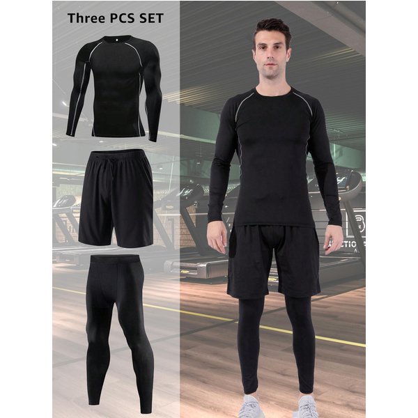 3 Sztuk/Zestaw MęSka SiłOwnia StróJ Kompresyjny DłUgie RęKawy Ubrania Bieganie Legginsy Do ćWiczeń ćWiczenia Dres Odzież Sportowa XS Gray-image
