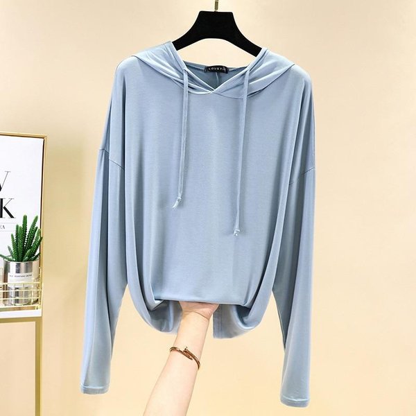 Camiseta De Manga Larga Modal Para Primavera Y OtoñO Para Mujer Talla Grande SuéTer Con Capucha Suelto Camiseta BáSica Top De Color SóLido XXL-image