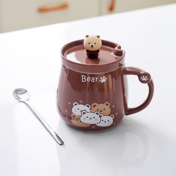 Taza De CeráMica De Oso Creativa Taza De Pareja De Dibujos Animados Linda Taza De Agua Con Tapa Cuchara Taza De Café Taza De Leche Para Desayuno 301-400Ml-image