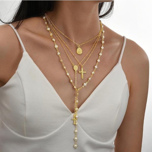 4 Piezas Color Dorado Colgante De Cruz CorazóN Cadena MetáLica Collar Collares Apilados Para Mujeres San ValentíN, Mamá, Madre, DíA De La Madre, Regalo Brown-image