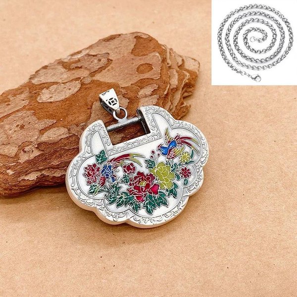 Klasyczny Emaliowany Naszyjnik W Stylu Narodowym Z Zawieszką W KształCie Kwiatu I Feniksa Ruyi Lock Dla Kobiet BiżUteria 45Cm-image