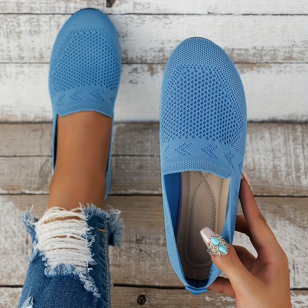 PłAskie OkrąGłE Noski Dzianinowe Buty, Damskie Jednokolorowe Wsuwane Buty Do Chodzenia Z Siateczki, OddychająCe Obuwie Codzienne 36 BłęKitny Kolor-image