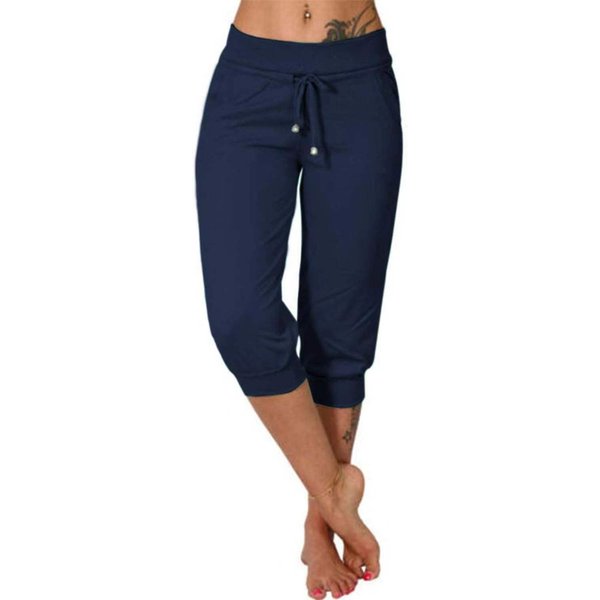 Mujer Cintura Alta Casual Color SóLido Tiro Bajo CordóN Bolsillos Pantalones Deportivos Shorts Joggers Para Mujer M Azul Marino-image