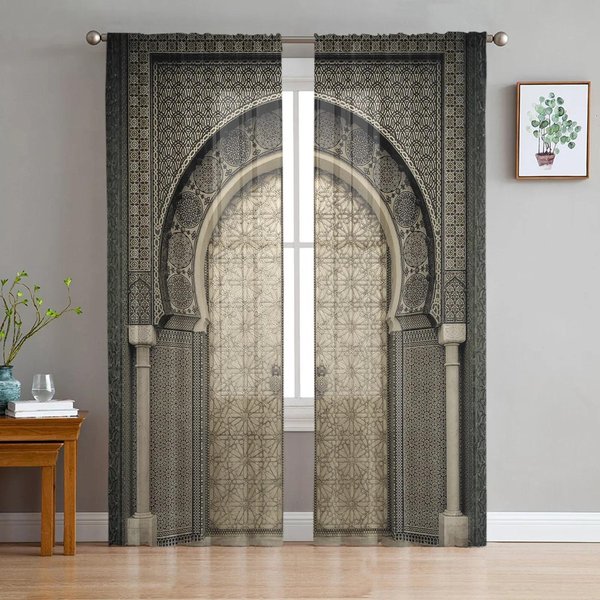 MarokańSkie ZasłOny Tiulowe Na Drzwi Do Salonu Drukowane Przezroczyste ZasłOny Woalowe Do Sypialni ZasłOny EkranująCe Okna Rolety Dekoracja Domu W135 X H245Cm X2&Rod Pocket-image