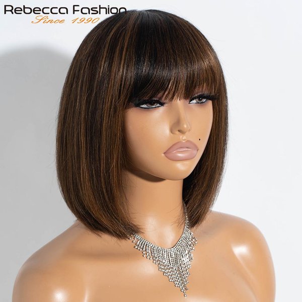 Pelucas De Cabello Humano Recto Con Flequillo Flequillo Raya Media Bob Pelucas De Encaje Cuero Cabelludo Realista BrasileñO Recto Bob Pelucas De Encaje Con Flequillo 12Inches&180% Beige-image