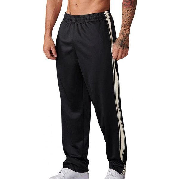 Pantalones Deportivos Para Hombre Sueltos Rectos De Pierna Ancha Cintura EláStica Suaves Transpirables Raya Lateral Color SóLido Gimnasio Entrenamiento Jogging Pantalones De CháNdal Ful M Negro-image