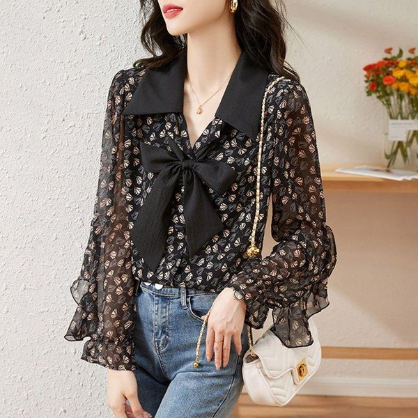 Nueva Blusa De Manga Larga De Moda Primavera, Verano Y OtoñO, Camisa De Gasa Floral, Camisa Chic Bonita Con Temperamento Para Viajar 3XL Negro-image