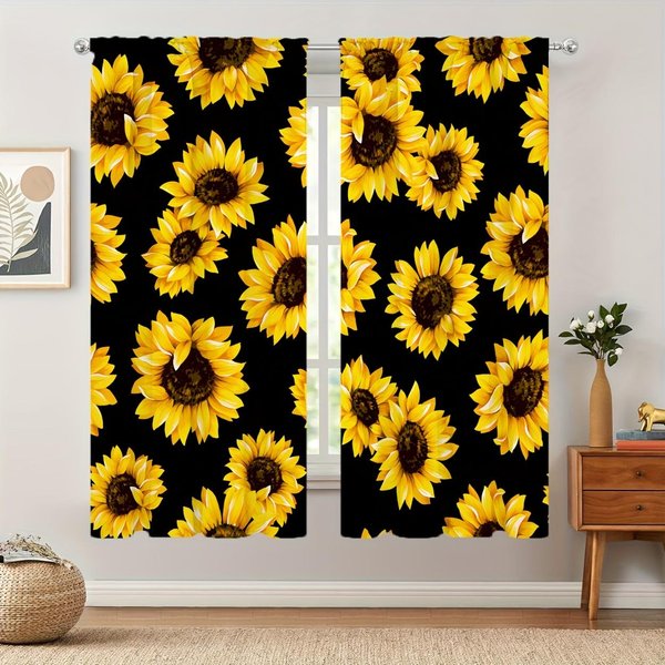 Cortina Decorativa Con Estampado Floral De Margaritas, 2 Paneles, Con Bolsillo Para Barra, Para Dormitorio, Oficina, Cocina Y Sala De Estar. (W50H130Cm)-2Pcs&Grommet Top-image