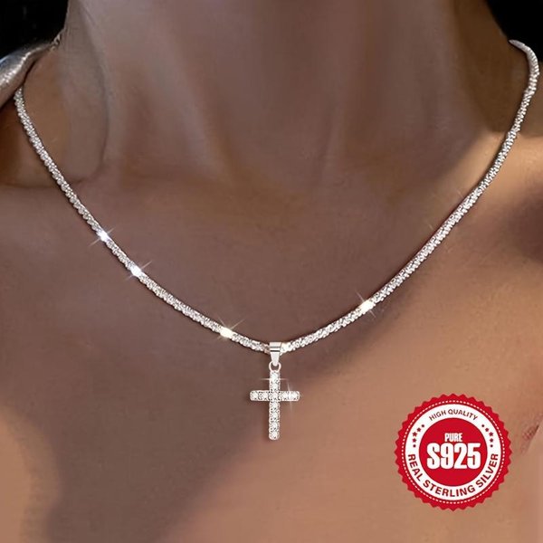 Naszyjnik Damski Ze Srebra PróBy 925 Z Wisiorkiem W KształCie KrzyżA, Hipoalergiczny Naszyjnik Na Prezent 1Pc-image