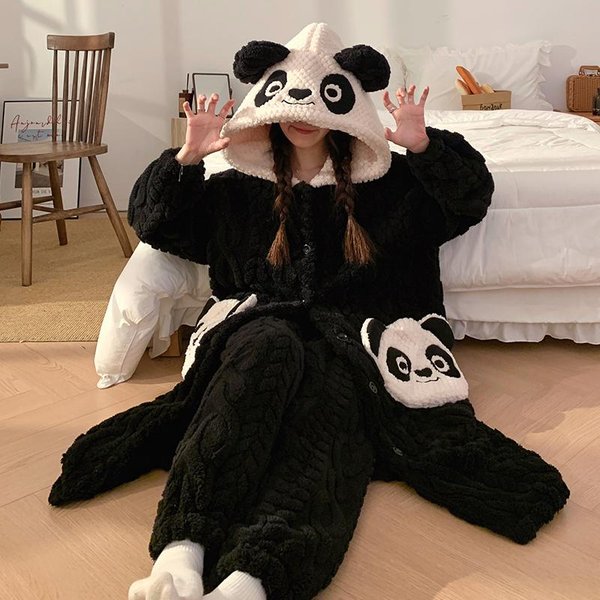 Lindo Pijama De Invierno CáLido De VellóN Coral Para Mujer, Conjunto De Pijama Con Pantalones, CamisóN Con Capucha Kawaii, Ropa De Casa Para NiñAs, Pijama L Brown-image