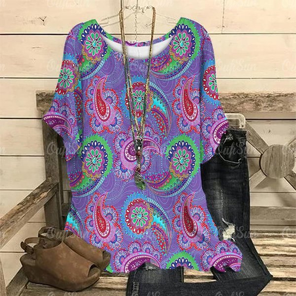 Camiseta De Verano De Cuello Redondo Con Estampado Floral Retro 3D, Camisetas De Moda Casual De Manga Corta Para Mujer De Talla Grande 7XL Black-image