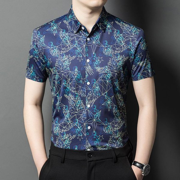 Camiseta De Manga Corta Para Hombre De Seda De Morera, Nuevo Producto De Verano, Camisa Polo Fina Estampada Casual De Negocios Para Hombre De Mediana Edad 3XL Azul-image