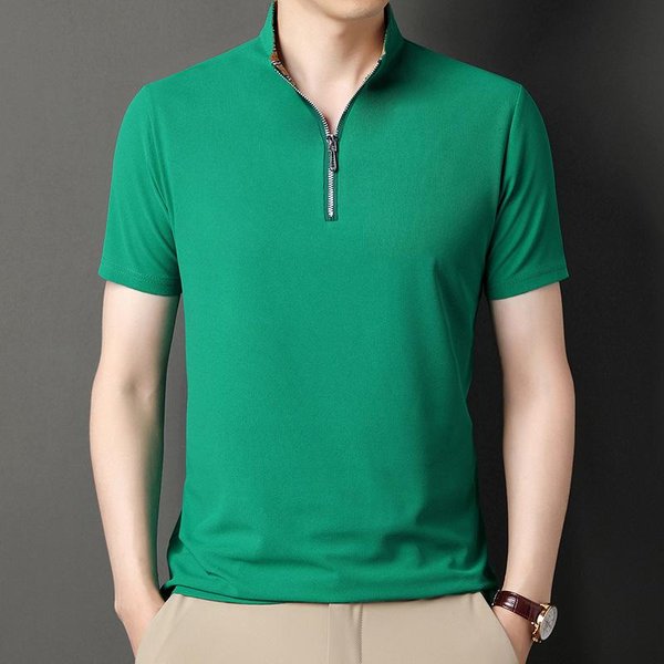 Verano Nueva Camiseta De Manga Corta Para Hombre Moda Hombre Casual Transpirable Solapas Cremallera Color SóLido Ropa De Hombre Xxxxl Blue-image