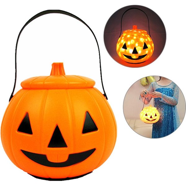 Cubo De Calabaza De Halloween Con Luces LED Y Sonido, Cesta De Calabaza Con Asa, Cubo De Dulces De Halloween-image