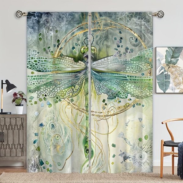 2 Piezas Cortinas Con PatróN De LibéLula Verde Cortinas Decorativas Para Ventana Tratamientos Para Ventana Para Dormitorio Sala De Estar DecoracióN Del Hogar HabitacióN 100W130H(Cm)40X51In&Grommet Top-image