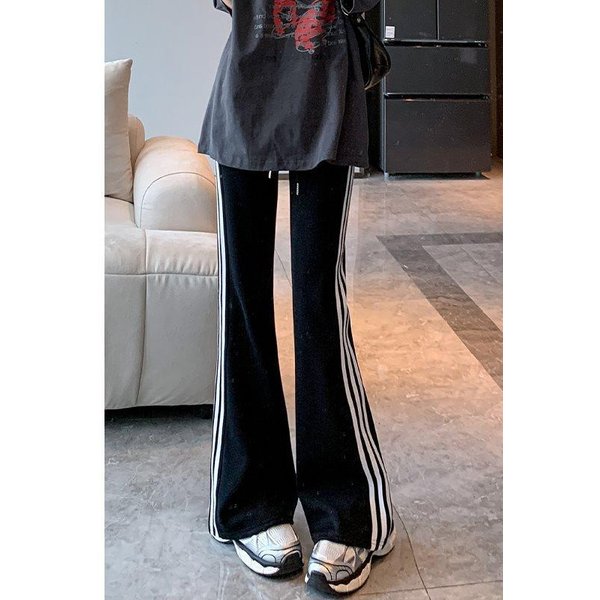 Pantalones Deportivos De Micro-Campana Para Mujer Verano Nuevo Cintura Alta Ajustados Forma De Herradura Rayados Casuales Ajustados Pantalones De Yoga 2XL Gray-image
