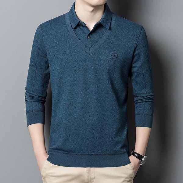 Camiseta De Hombre De Dos Piezas Falsas OtoñO E Invierno Nueva Camisa De Cuello De Camisa De Negocios Casual Para Mediana Edad Camisa Interior L-image