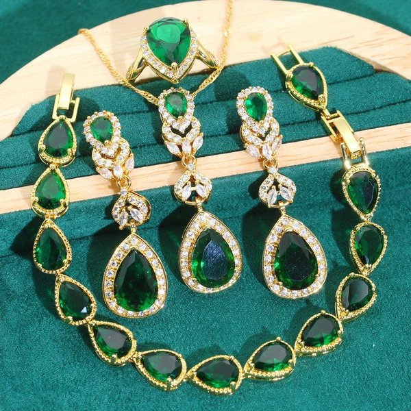 Conjunto De JoyeríA De Pulsera, Collar, Pendientes Y Anillo De Circonita Anti Alergia Europeo Y N Anillo De Esmeralda De Alta Calidad Para Mujer 10 Yards Blue-image