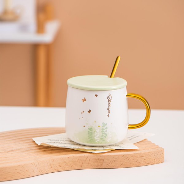 Taza CeráMica Flor De Cerezo JaponéS Con Tapa Cuchara Taza De Alto Valor Souvenir Taza De Café Para El Hogar Taza De Lujo Ligero 401-500Ml-image