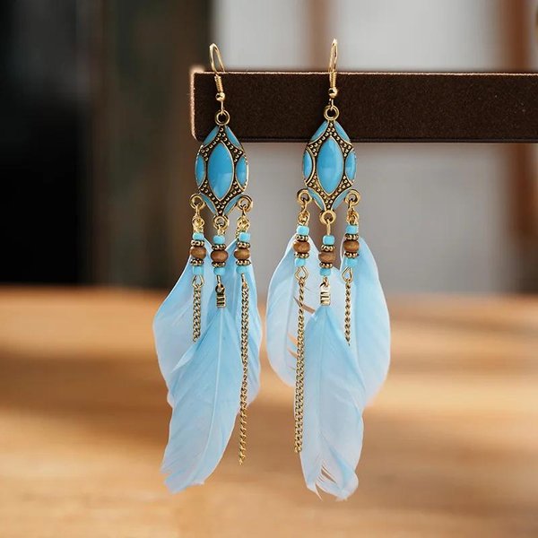 Boho Etniczne Kolczyki Z PióRami Dla Kobiet DłUgie Kolczyki Z FręDzlami I Koralikami RęCznie Robione WisząCe Kolczyki Moda DziewczęCa BiżUteria ŚLubna Prezent-image