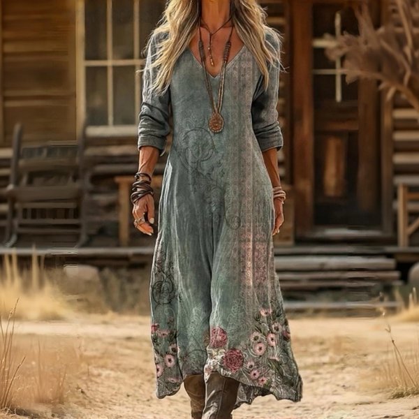 Vestido Largo Estampado Floral ÉTnico Vintage Para Mujer Bohemio Vacaciones Playa Maxi Vestido Con Cuello En V Y Corte Relajado S Verde-image