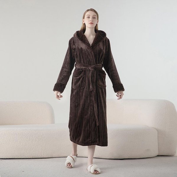 Bata De Pareja De Franela Gruesa Invierno Nuevo CáLido Pijama Pijamas Para Hombre Y Mujer Albornoz De VellóN Coral Pijama Para El Hogar M Black-image