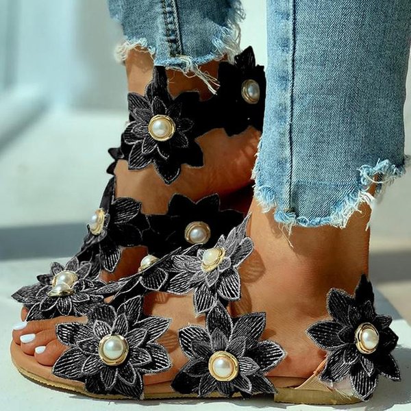 Nowe Letnie Damskie Buty Damskie SandałY BiałE Kwiatowe PłAskie SandałY Damskie Boho Casualowe Buty PlażOwe Dla Kobiet 35 Czarny-image