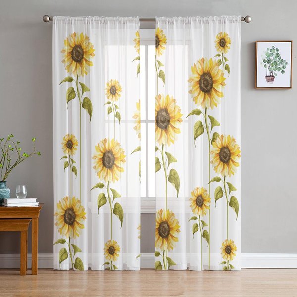 Cortinas Blancas Transparentes De Girasol En Acuarela Para DecoracióN De Sala De Estar Cortinas De Ventana Para Cocina Cortinas De Tul Voile Organza W135 X H137Cm X1-image