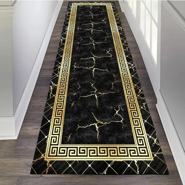 Luksusowy Czarno-ZłOty Marmurowy Dywanik Do Przedpokoju Nowoczesny Dywanik Strefowy Z Greckim Wzorem Do WejśCia Salonu AntypośLizgowy 40X120Cm-Felt-image