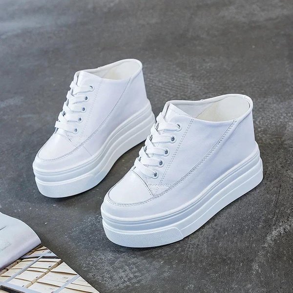 11Cm Cuero Genuino Moda Aumento De Altura Femenino Dama Casual Plataforma CuñA Zapatos De Mujer Slip On Verano 35 Blanco-image