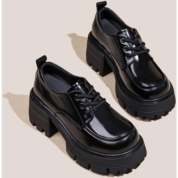 SkóRzane Mokasyny Na Platformie Damskie Buty Gruby Obcas Styl Brytyjski Wszechstronne Wysoki Obcas MałE SkóRzane Buty Pojedyncze Buty 38-image