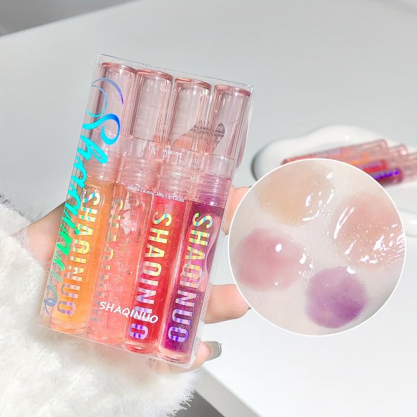4 Szt. BłYszczyk Do Ust Water-Gloss Mirror Jelly Lip Gloss NawilżAjąCy Do Ust Shimmer Lip Tint Lip Care Oil 4Pcs Gray-image
