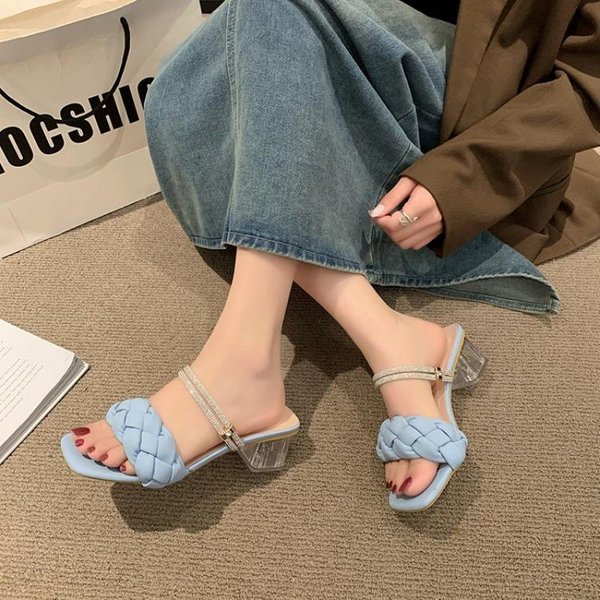 Zapatillas Mujer Talla Grande 42 Moda Nueva Cabeza Cuadrada Tejidas Zapatos De Moda Chanclas Sandalias De TacóN Grueso Zapatillas De TacóN Bajo Mujer 42 Azul-image