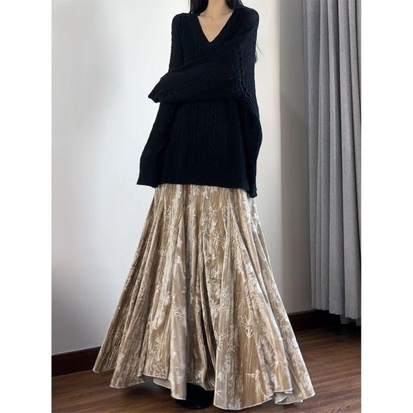 Moda Femenina Casual Faldas Retro Mujer Estampado Falda De Pez OtoñO Cintura Alta Patchwork Terciopelo Dorado Maxi Falda Xxxl Black-image