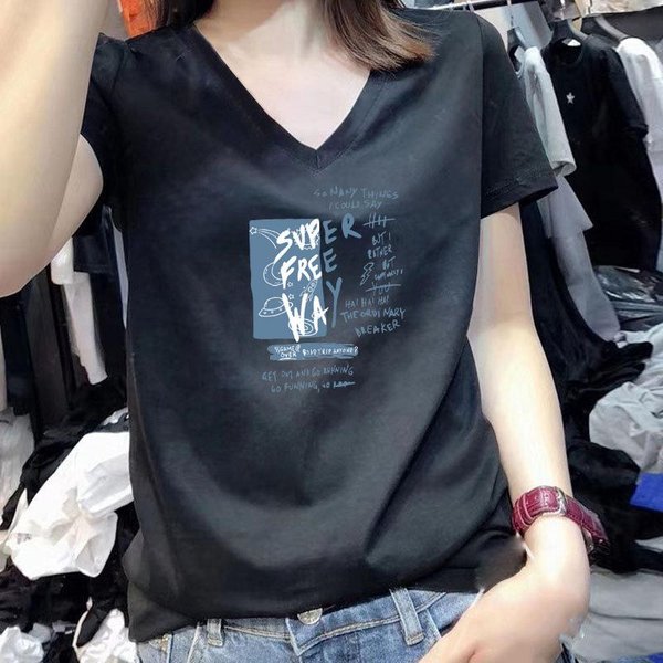 Camiseta Blanca De Manga Corta Para Mujer En Verano Nueva Camiseta De AlgodóN Con Estampado De Letras Para Mujer Top Con Cuello En V 3XL Negro-image
