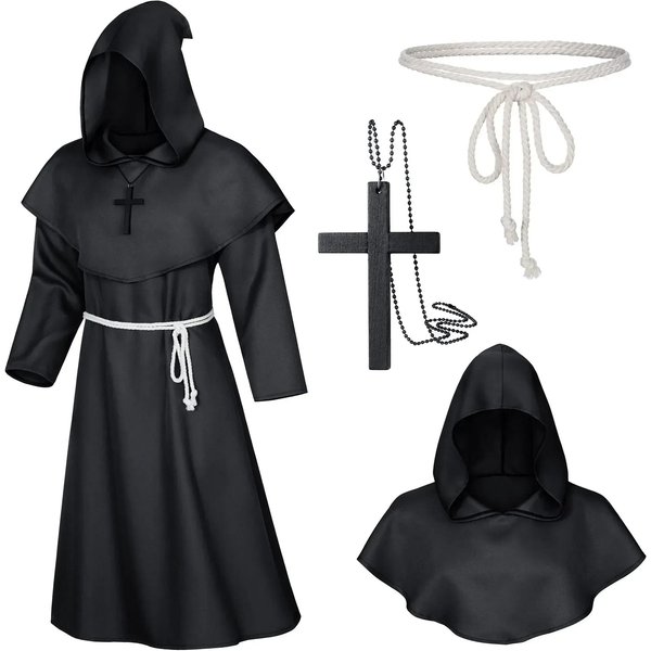Capucha Monje Medieval Capa Hechicero Sacerdote Disfraces Halloween TúNica Mago Caballero Capa Adultos Adolescentes Atuendo Set De Accesorios Para Fiesta S Negro-image