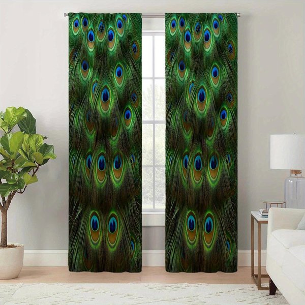 Juego De 2 Piezas Cortinas Con Estampado De Plumas De Pavo Real Estilo Bohemio Cortinas De PoliéSter Para Sala De Estar Dormitorio Cocina Persianas DecoracióN 100W130H(Cm)40X51In&Grommet Top-image