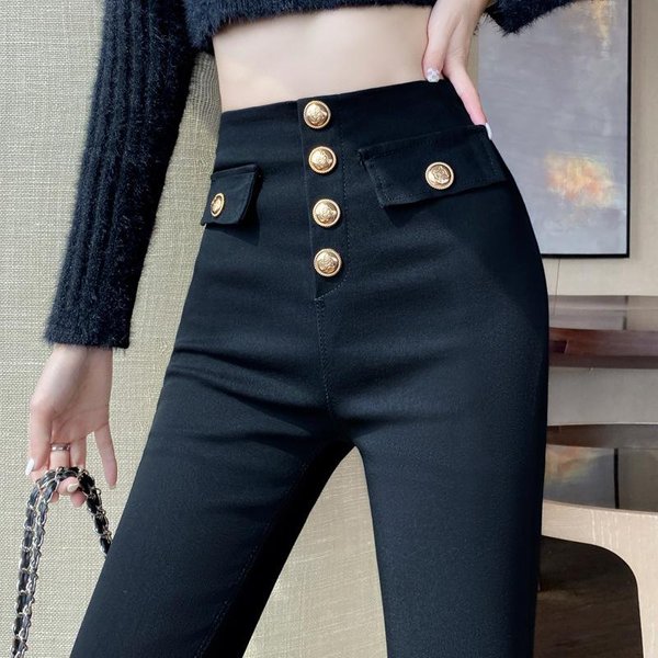 Jeansy Z Wysokim Stanem Elastyczna Talia Stretch Plus Size Damskie Spodnie Jeansowe DłUgie OłóWkowe Spodnie L Black-image