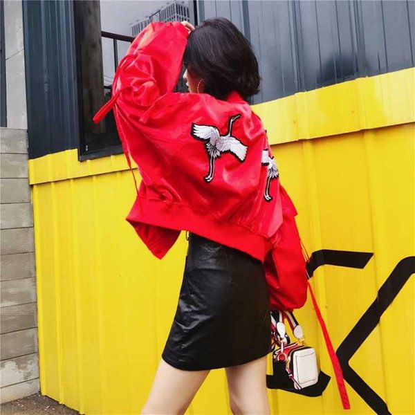 Chaqueta Bomber Para Mujer, Abrigo Cortavientos, Abrigo BáSico Informal Holgado Con Bordado Harajuku, Chaqueta Corta S Red-image