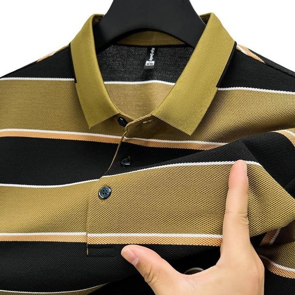 Camiseta CláSica De Manga Corta Con Cuello De Camisa A Rayas Y Solapa Para Hombre De Negocios, De Primavera Y Verano, Nueva, Ajustada, Para JóVenes Y De Mediana Edad Xxxxl Beige-image