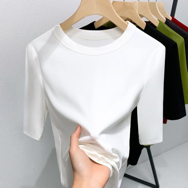 Camiseta De Manga Corta Para Mujer Verano Nueva Camiseta De AlgodóN Para Mujer Cuello Redondo Simple Color Liso Top Ajustado A La Cintura M Blanco-image