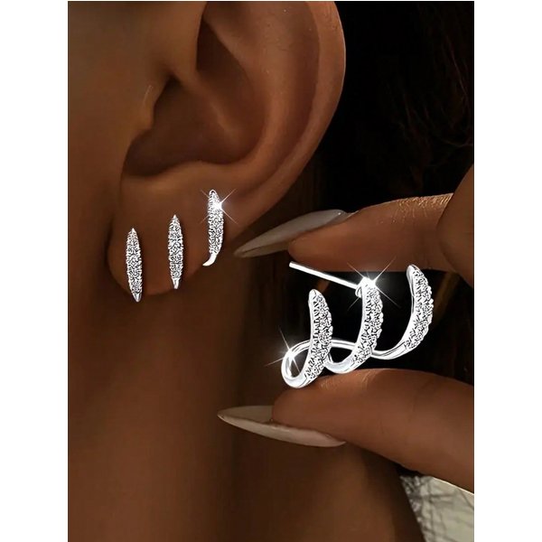 1 Par, Pendientes De Tres Garras Simple Curva Pendientes De BotóN JoyeríA Para Orejas De Mujer Plata-image