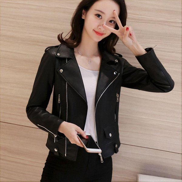 Nueva VersióN Coreana De Chaqueta De Cuero PU Para Mujer Chaqueta Corta Ajustada PequeñA Para Mujer, Ropa De Moto Chaqueta De Cuero 3XL Negro-image